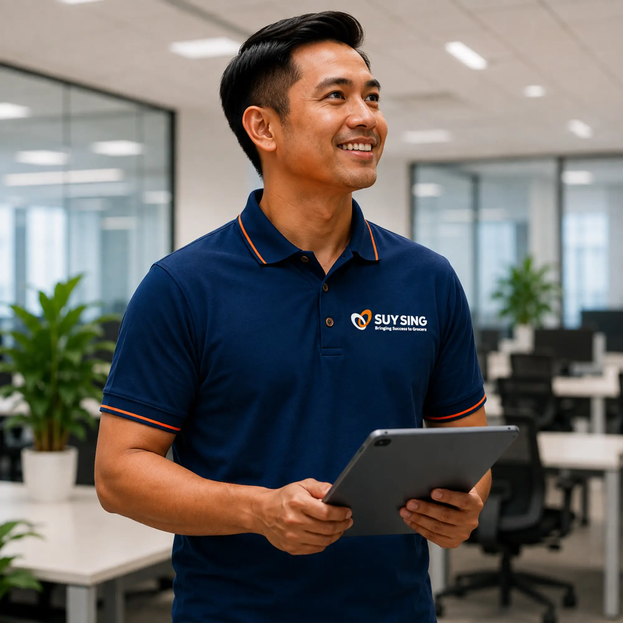 Suy Sing warehouse employee in uniform holding a tablet